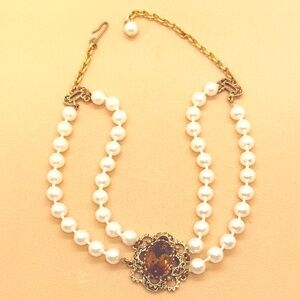 Florenza Signed Vintage Double Strand Knotted Faux Pearl 16" Choker Necklace wit